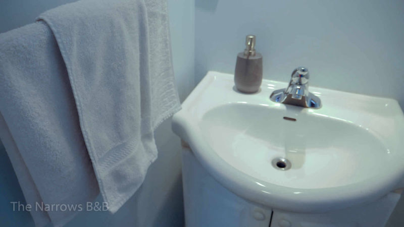 image: bathroom sink and towels on rack